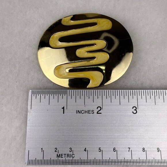 Vintage Oval Enamel Belt Buckle Gold & Cream Abstract Design - Picture 4 of 5